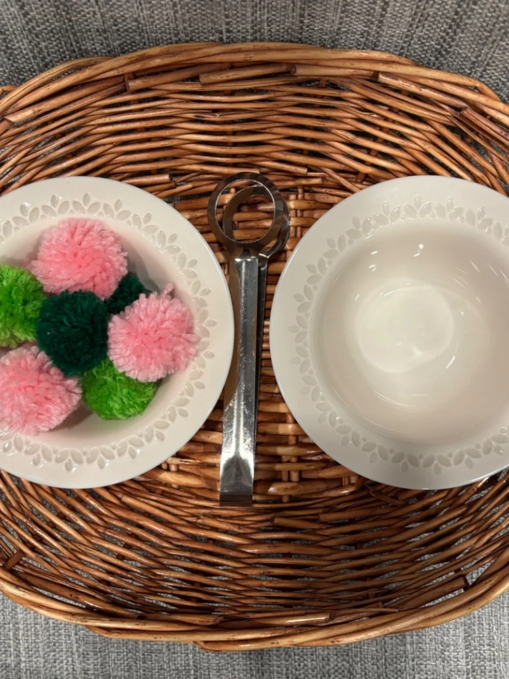 pink bowls practical life tonging in oval basket by idlewild montessori